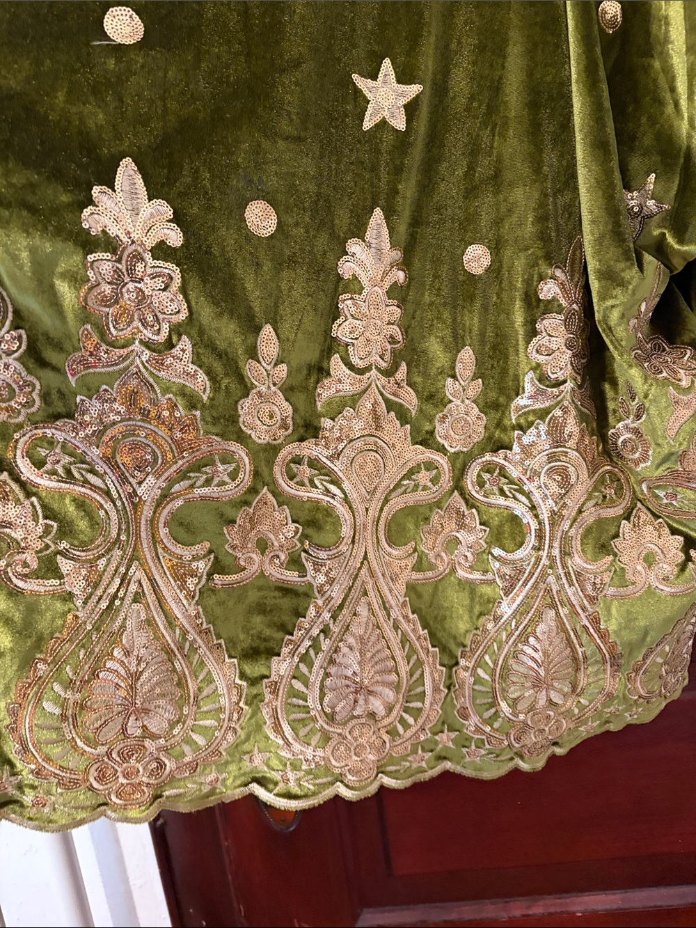 Olive Green Velvet Embroidered Kimono Cape by LES N - Picture 3 of 3